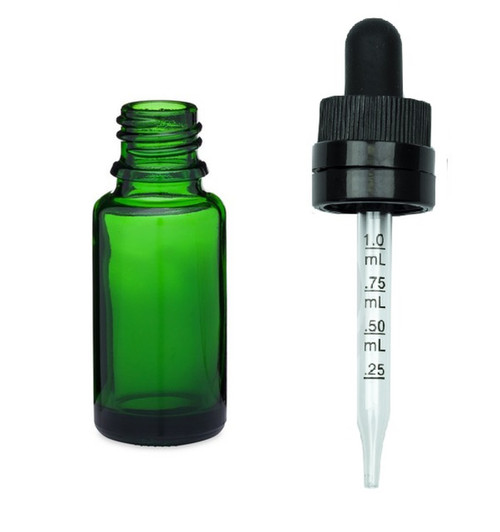 1/2 oz Green Glass Euro Dropper Bottles w/ 18-415 Black Temper Evident CRC Calibrated Dropper with 65mm pipatte- Case of 192