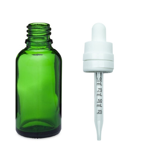 1 oz Green Glass Euro Dropper Bottles w/ 18-415 White Temper Evident CRC Calibrated Dropper- Case of 330