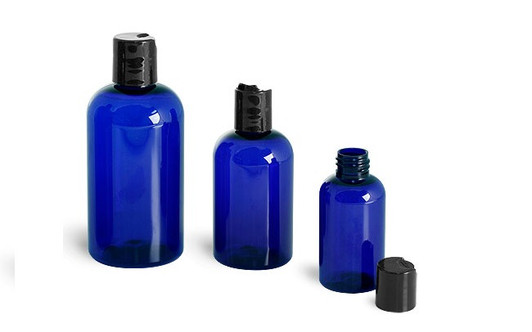 4 oz Cobalt BLUE PET Boston Round Plastic Bottle w/ Black Disc Cap