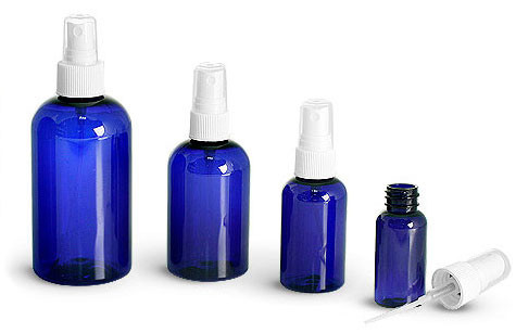4 oz Cobalt BLUE Plastic PET Boston Round Bottle w/ White Fine Mist Spray