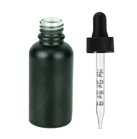 1 oz Matte Black Glass Euro Dropper Bottles w/ 18-415 Black Regular Calibrated Dropper- Case of 110