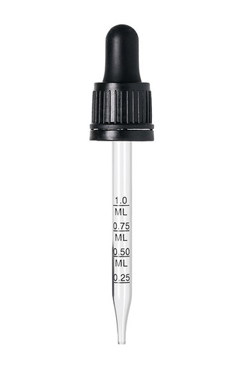 1 oz Black PP 18-415 ribbed skirt tamper-evident calibrated dropper and 76 mm printed glass pipette