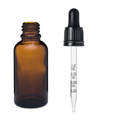 1 oz Amber Euro Glass Bottle w/ 18-415 Black Tamper Evident Calibrated Dropper- Case of 110