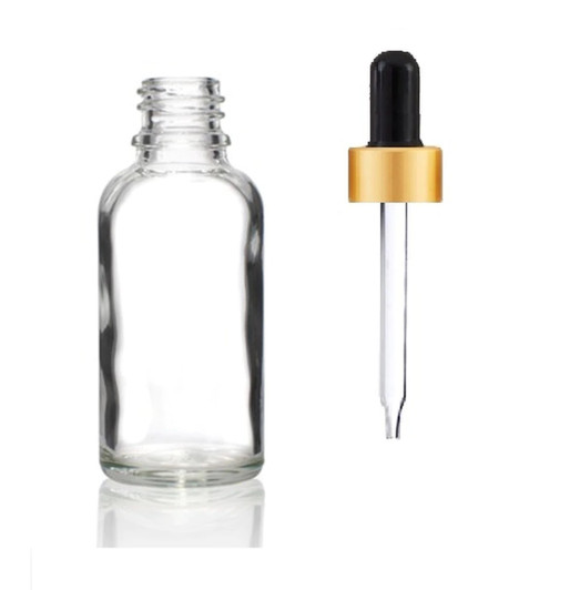 1 oz Clear Euro Glass Bottle w/ 18-415 Black- Matt Gold Dropper