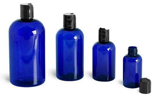8 oz Blue Plastic PET Boston Round Bottle w/ Black Disc Cap