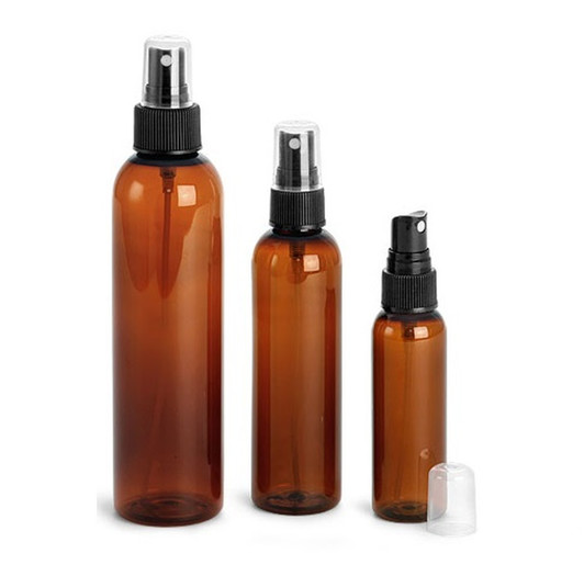 8 oz AMBER Plastic PET Cosmo Bullet Bottle w/ Black Fine Mist Sprayer Set of 48