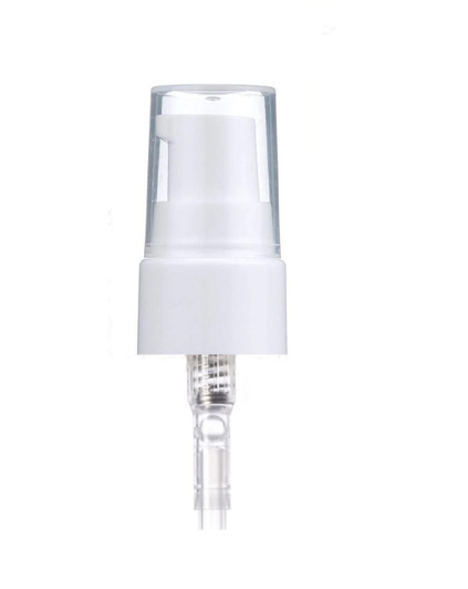 24-410 White PP smooth skirt dispensing treatment pump with 7.5 inch dip tube and clear plastic overcap (0.2 cc output)