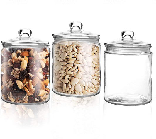 Set of 3 Glass Jar with Lid (1 Liter) | Airtight Glass Storage Container for Food, Flour, Pasta, Coffee, Candy, Dog Treats, Snacks | Glass Organization Canisters for Home & Kitchen | 34 Ounces