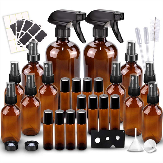 Glass Spray Bottles Kits, BonyTek Empty 12 10 ml Roller Bottles, 12 Amber Essential Oil Bottle(216oz,24oz,82oz) with Labels for Aromatherapy Cleaning Products
