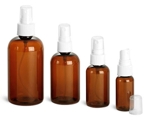 4 oz AMBER Plastic PET Boston Round Bottle w/ White Fine Mist Sprayer