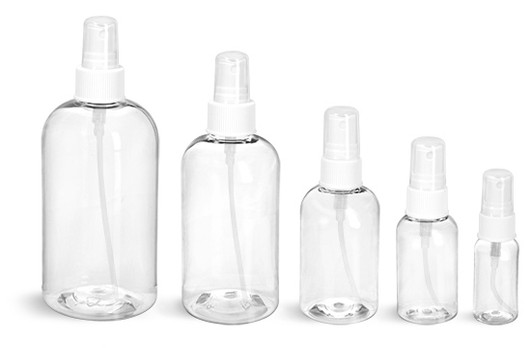1 oz Clear PET Boston Round Plastic Bottle - w/ White Fine Mist Sprayer