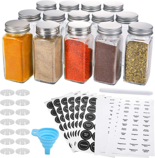 14 Pcs Glass Spice Jars with Spice Labels - 4oz Empty Square Spice Bottles - Shaker Lids and Airtight Metal Caps - Chalk Marker and Silicone Collapsible Funnel Included