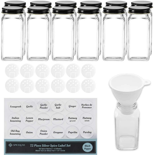 Premium Spice Jar Set -12 Square Glass 4 oz Spice Bottles, 72 Deluxe Labels, 12 Shaker Tops, Black Enameled Steel Caps and No Clog Wide Spice Funnel