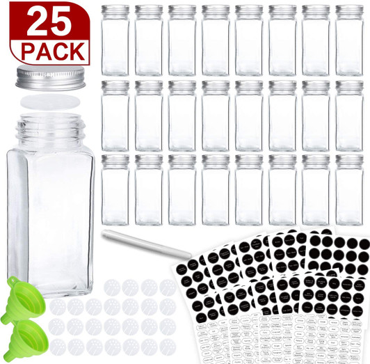 25 PCS 4oz Empty Square Spice Bottles with Shaker Lids and Airtight Metal Caps - 662 Spice Labels