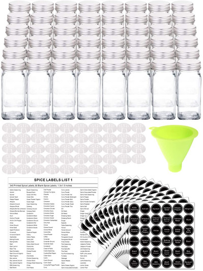 48 Glass Spice Jars with 396 Spice Labels, Chalk Marker and Funnel Complete Set. 48 Square Glass Jars 4OZ, Airtight Cap, Pour/sift Shaker Lid
