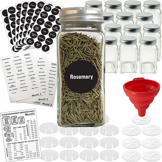 14 Glass Spice Jars w/2 Types of Preprinted Spice Labels. Commercial Grade, Complete Set: 14 Square Empty Jars 4oz, Pour/Sift & Coarse Shakers, Airtight Cap, Chalkboard & Clear Labels