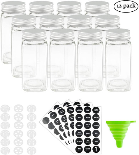 12 Pcs Glass Spice Jars 4oz Empty Square Spice Bottles with Sift Pour & Shaker Lids, Airtight Cap, Spice and Pantry Labels