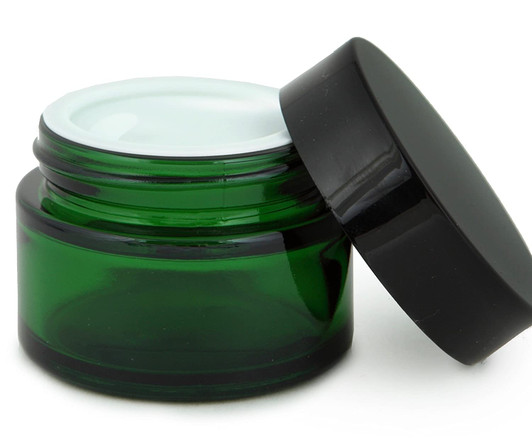 12, Green, 1 oz, Round Glass Jars, with Inner Liners and black Lids