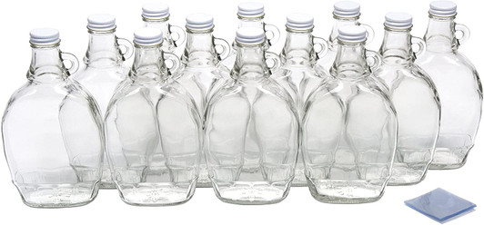 12 Ounce Glass Maple Syrup Bottles with Loop Handle & White Metal Lids & Shrink Bands - Case of 12