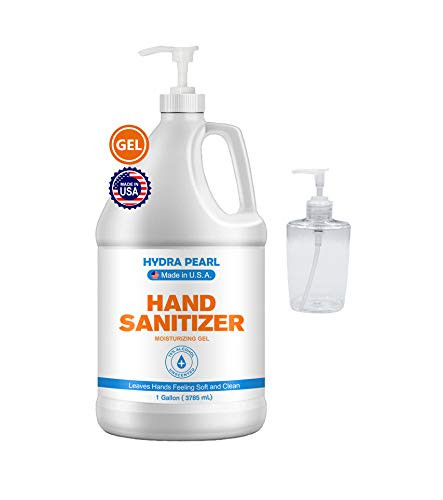 Hydra Pearl Hand Sanitizer Gel With Pump - 70% Alcohol - Unscented - Bulk Refill Size - Free 10 oz Empty Travel Size Bottle - Made in USA (1 Gal, 1-Pack)