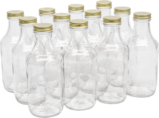 16 Ounce Glass Sauce Bottle - With 38mm White Gold Lids - Case of 12