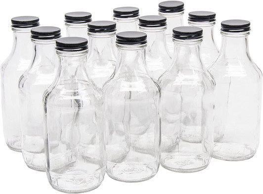 16 Ounce Glass Sauce Bottle - With 38mm Black Metal Lids - Case of 12