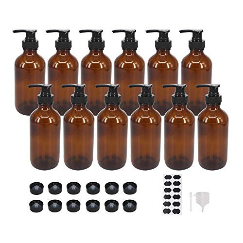 12 Pack 8 oz Amber Glass Bottles with Pumps for Essential Oils, Cleaning Products, Lotions, Aromatherapy Oil, Pump Bottles, Refillable Containers With Cap, Funnel, 12 Chalk Labels, 1 Pen