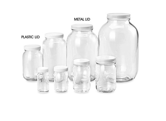 WIDE-MOUTH GLASS JARS Crystal-clear storage for dry or liquid food products.