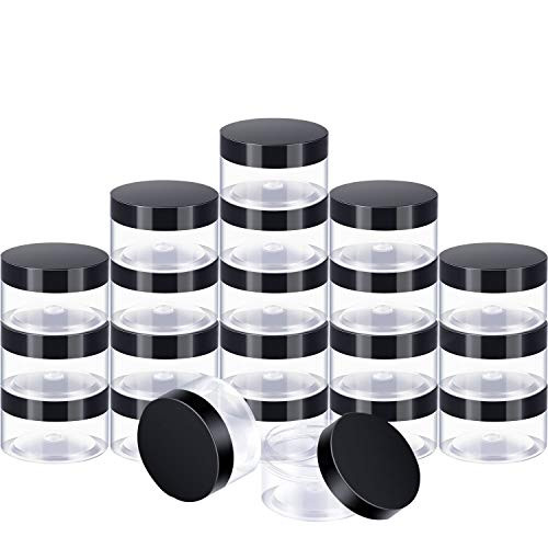 24 Pieces Clear Plastic Round Storage Jars Wide-Mouth Plastic Containers Jars with Lids for Storage Liquid and Solid Products (Black Lid, 1 oz)