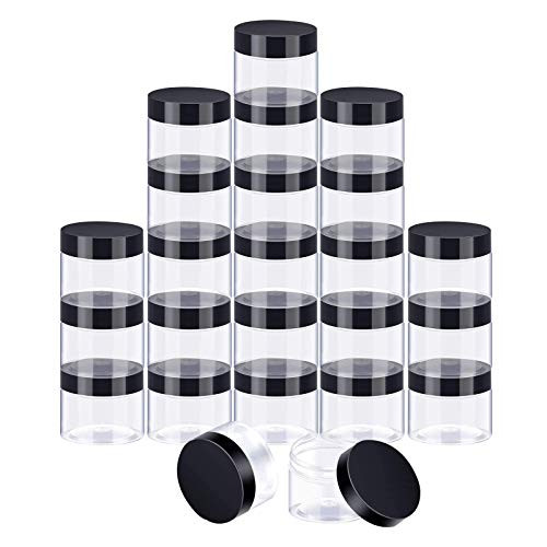 24 Pieces Clear Plastic Round Storage Jars Wide-Mouth Plastic Containers Jars with Lids for Storage Liquid and Solid Products (Black Lid, 2 oz)