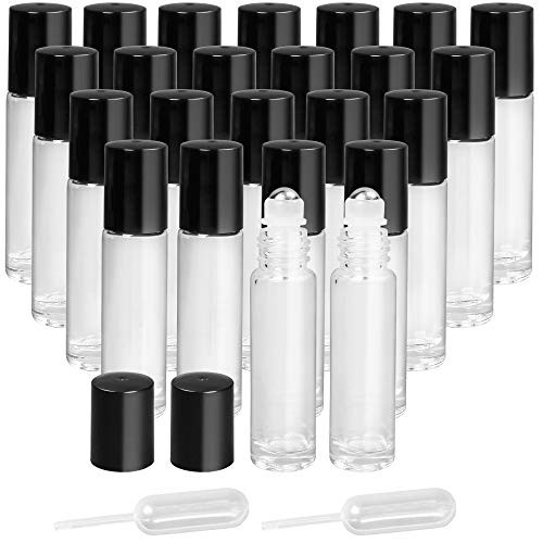 LotFancy 24pc 10ml Roller Bottles for Essential Oils, Clear Glass Roll on Perfume Bottles, Empty Refillable Bottles with Stainless Steel Roller Balls, Includes 2pc 4ml Droppers