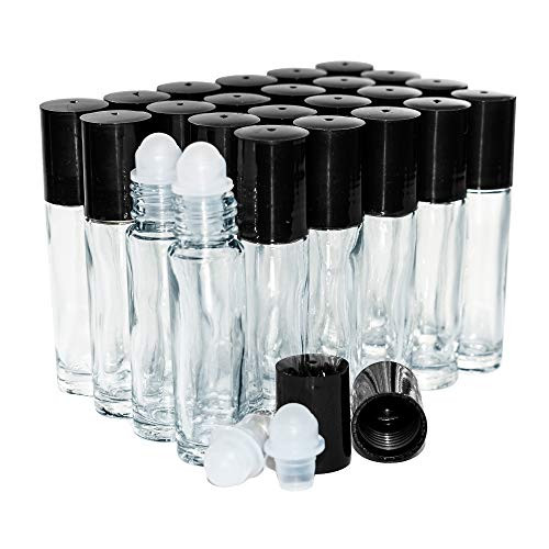 Empty Refillable Glass Roll On Bottles with Black Cap, Perfect for Aromatherapy Perfumes Essential Oils Lip Gloss, 0.33oz / 10ml, Pack of 24