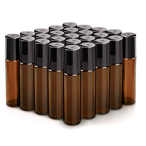 25 Pack Roller Bottles, Sungwoo 10 Milliliter Essential Oil Glass Roller Bottle with Stainless Steel Roller Balls (2 Extra Roller Balls,1 Extra Bottle Cap,2 Openers,2 Funnels,2 Droppers,30Pcs Labels) Amber