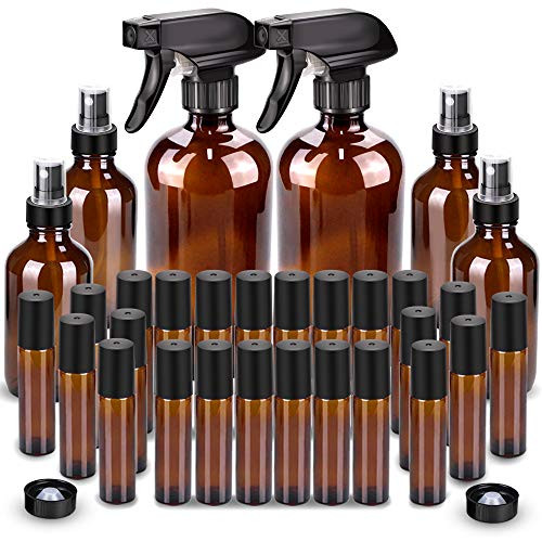 Glass Spray Bottle, Wedama Roller Bottles, Essential Oil Roller Bottles Kits (2 x 16oz,4 x 4oz,24 x 10ml) with Accessories for Aromatherapy Facial Hydration Watering Flowers Hair Care -Amber