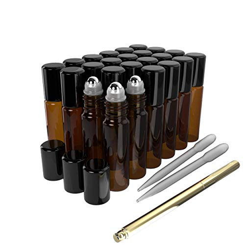 10ml Roller Bottles with Stainless Steel Roller Balls, Droppers and Gold Glass Labeling Pen; Amber Glass Set of 12 (Amber 24 Pack 10ml)