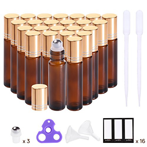 Roller bottles for oils (Amber Glass, 24 pack, 4 Extra Stainless Steel Balls, 48 Labels, Openers, 2 Funnels, 2 Droppers by PrettyCare) Roller Balls For Essential Oil Roller Bottles