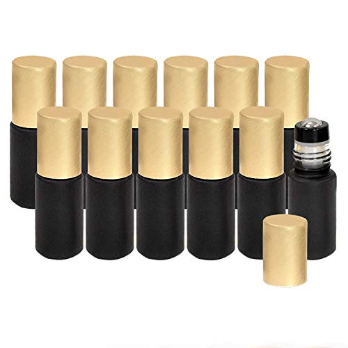 Holistic Oils 5ml Black Roller Bottles for Essential Oils                  Leakproof Rollers                  Thick Black Glass with Brush Gold Lid, Stainless Steel Roller Ball Insert                  Pack of 12, Sold