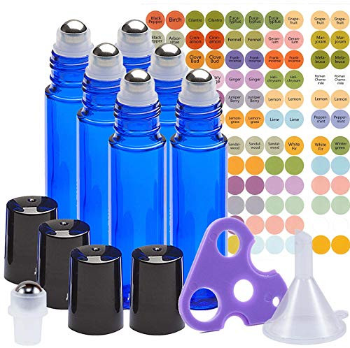 Ultimate Essential Oil Roller Bottles Set With Stainless Steel Balls, 6 Pack 10ml Dark Blue Leakproof Glass Bottle With 7 Rollerballs For Perfume & Aromatherapy Oils 1 Funnel + Opener & 192 Labels