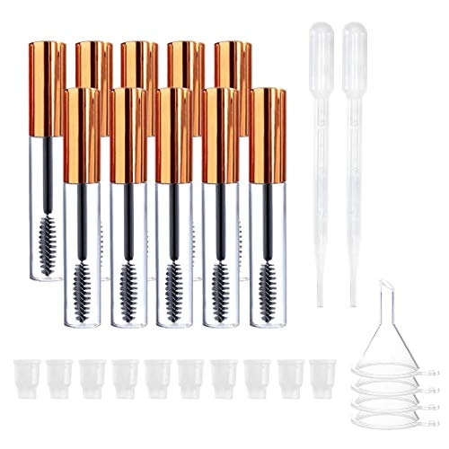 Laza 10 Pcs 10ml Empty Mascara Tubes Eyelash Wand Portable Cream Container Bottle Transfer Pipettes Ideal Kit for DIY Cosmetics Castor Oil Travel with 2 Tubes 10 Rubber Insert 4 Funnels - Rose Gold
