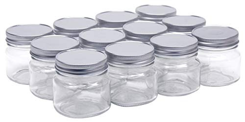 8 Ounce Glass Smooth Square Regular Mouth Mason Canning Jars - With Silver Metal Safety Button Lids - Case of 12