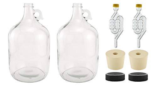1G-38-ST-TB-2 1 Gallon Glass Fermenting Jug with Handle, 6.5 Rubber Stopper, Twin Bubble Airlock, Black Plastic Lid (Set of 2)