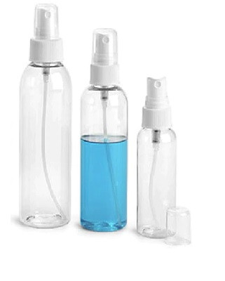4 oz CLEAR PET Cosmo Bottle with 20-410 mm neck finish w/ White Fine Sprayer with 20mm neck finish