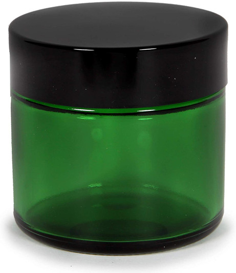 12, Green, 2 oz, Round Glass Straight Sided Jars, with Inner Liners and black Lids