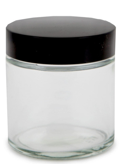 12, Clear, 4 oz, Round Glass Jars, with Inner Liners and black Lids