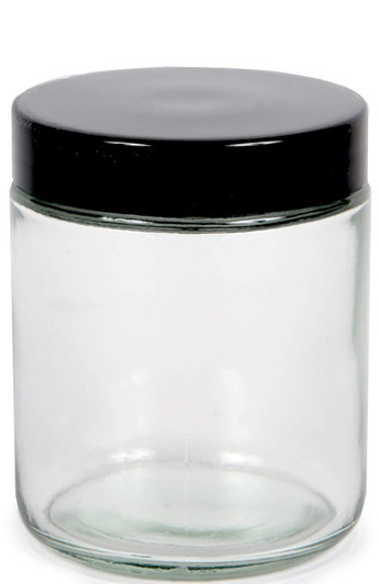 Clear, 8 ounce, Round Glass Jars, with Black Lids - 8 pack