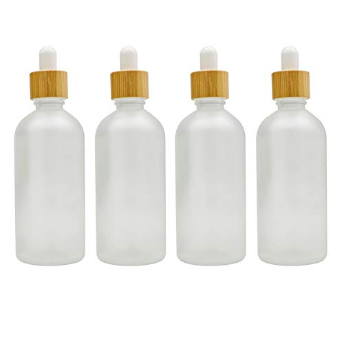 4 Pack Frosted Glass Dropper Bottles,Essential Oil Bottles With Eye Dropper And Bamboo Lids Perfume Sample Vials Essence Liquid Cosmetic Containers (100ml/3.4oz)