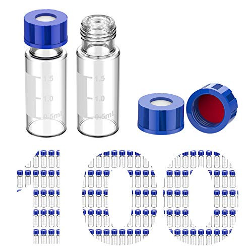 100 Pcs Membrane Solutions 2ml HPLC Vials, Autosampler Vials, 9-425 Sample Vials with Write-on Spot, Graduations, 9mm Blue ABS Screw Caps & Septa for GC Sample vials