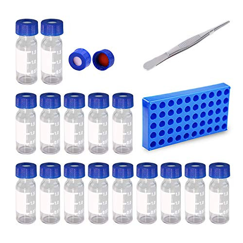 Autosampler Vials with Writing Area 9-425 Clear, 9mm Blue Cap with Red PTFE White Silicone Septa [CASE of 100PCS] with 50Holes Vials Rack by DISEN (2ml Vials, Clear & Red PTFE White Silicone Septa)