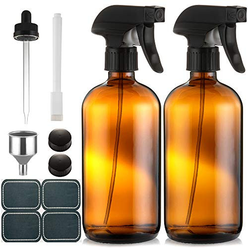 Empty Amber Glass Spray Bottles - (2 Pack) 16 oz with Labels Refillable Container for Essential Oils, Cleaning Solutions, Cleaning Products, Hair, Plant Mister, Daily Shower, Gardening or Aromatherapy