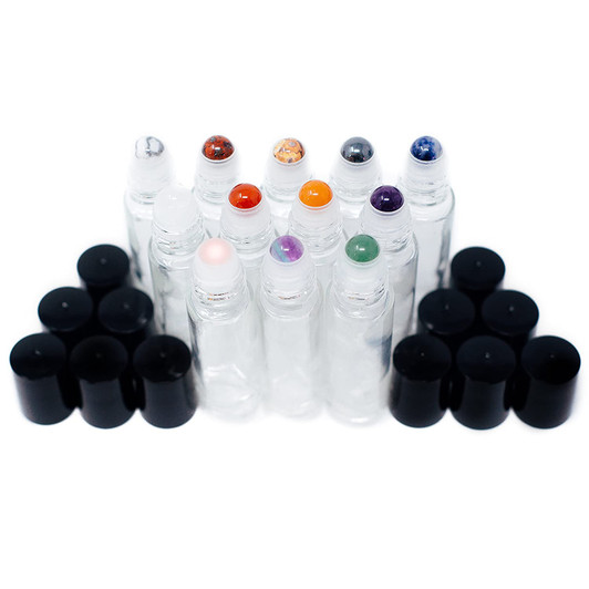 Gemstone Essential Oil Roller Bottles + Tops | Set of 12 Natural Crystals